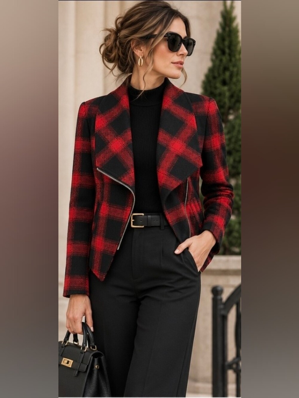 Saks Fifth Avenue Red Black Plaid Moto Jacket Wool Blend Asymmetrical S/P